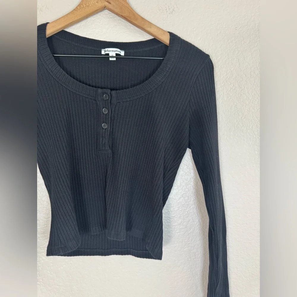 Reformation Billie Knit Top Ribbed Cropped Black Long Sleeve Medium $98